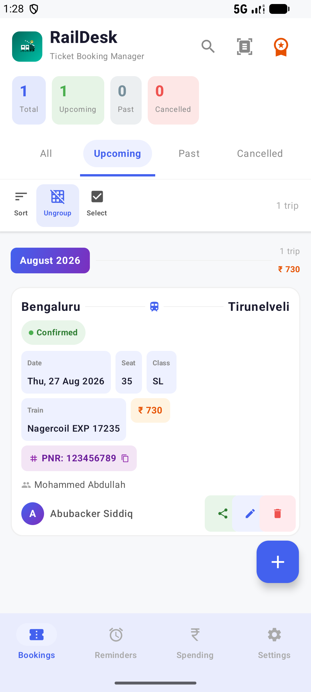 RailDesk bookings list screen, showing a confirmed trip from Bengaluru to Tirunelveli