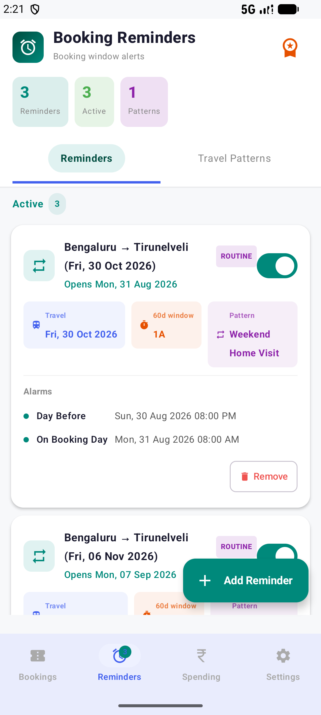 Booking Reminders screen showing an active booking-window alert with day-before and open-day alarm times