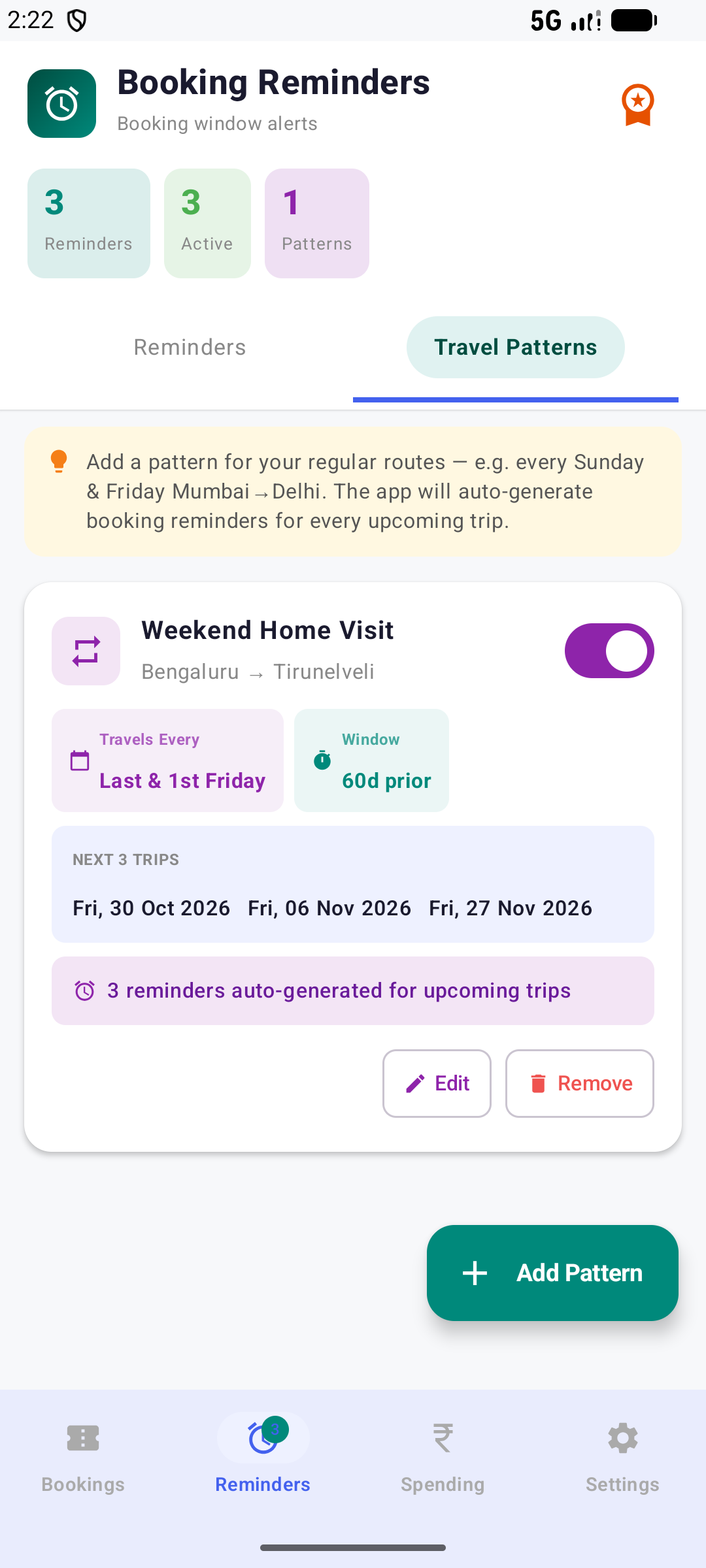 Travel Patterns tab showing a route recurring on the 1st and last Friday of every month
