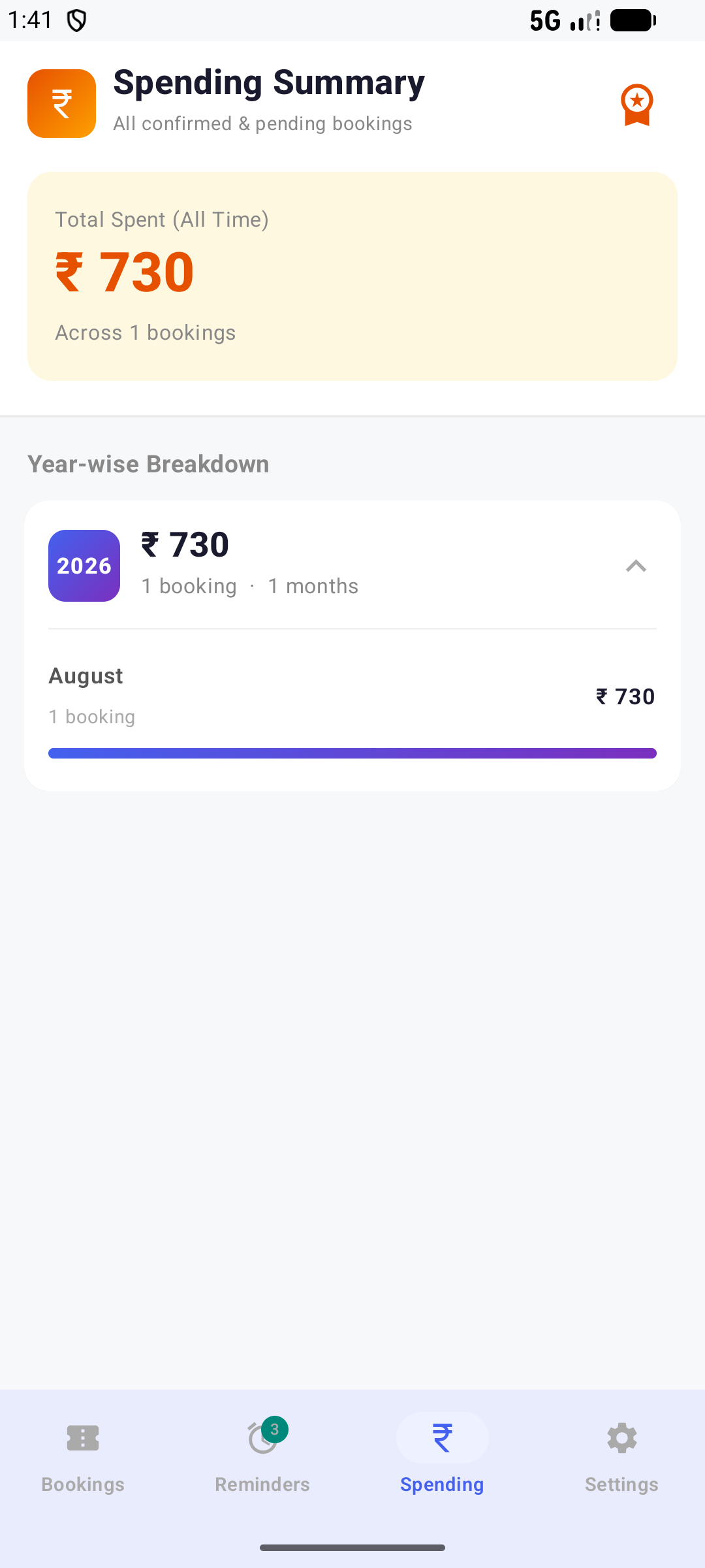 Spending summary screen with a year and month-wise breakdown