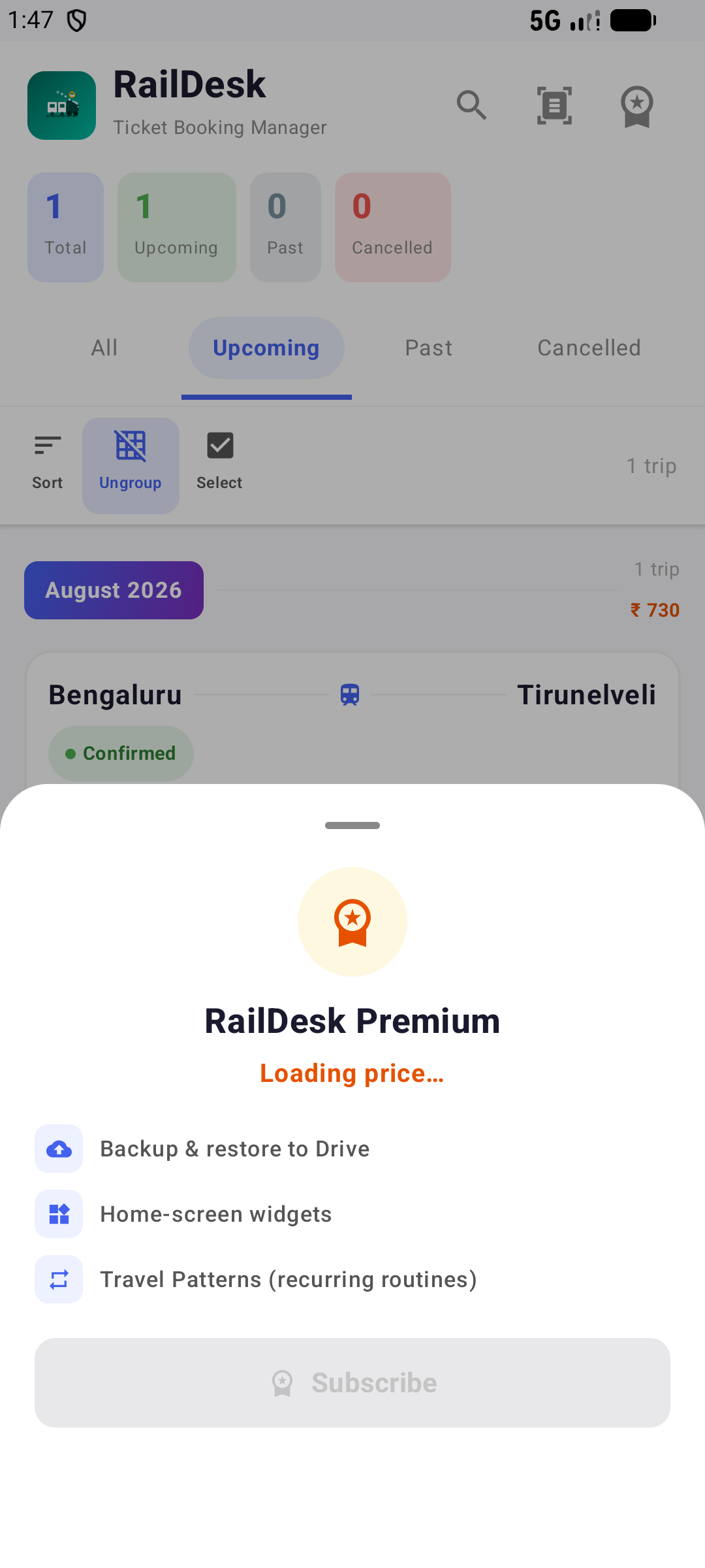 RailDesk Premium subscription sheet listing premium features