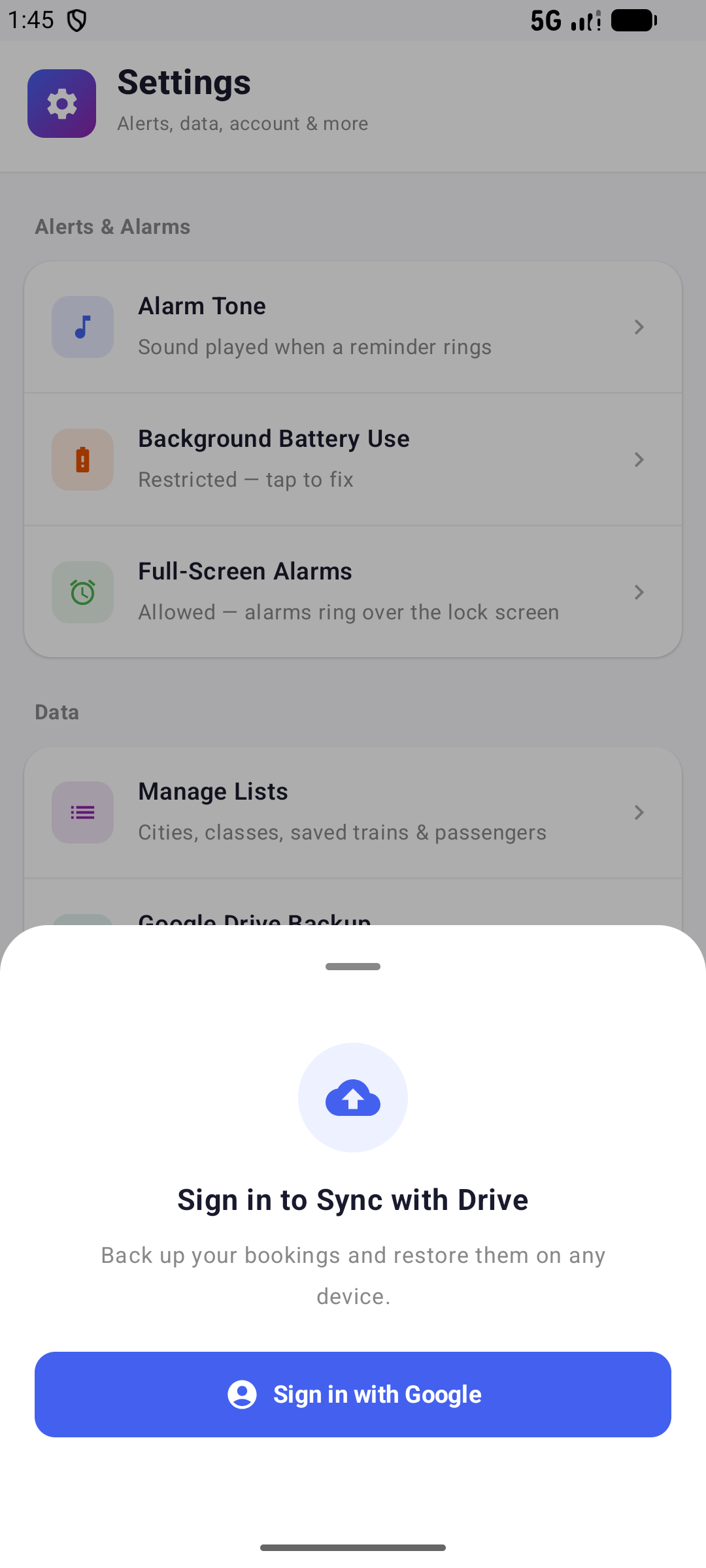 Sign in to sync with Google Drive prompt