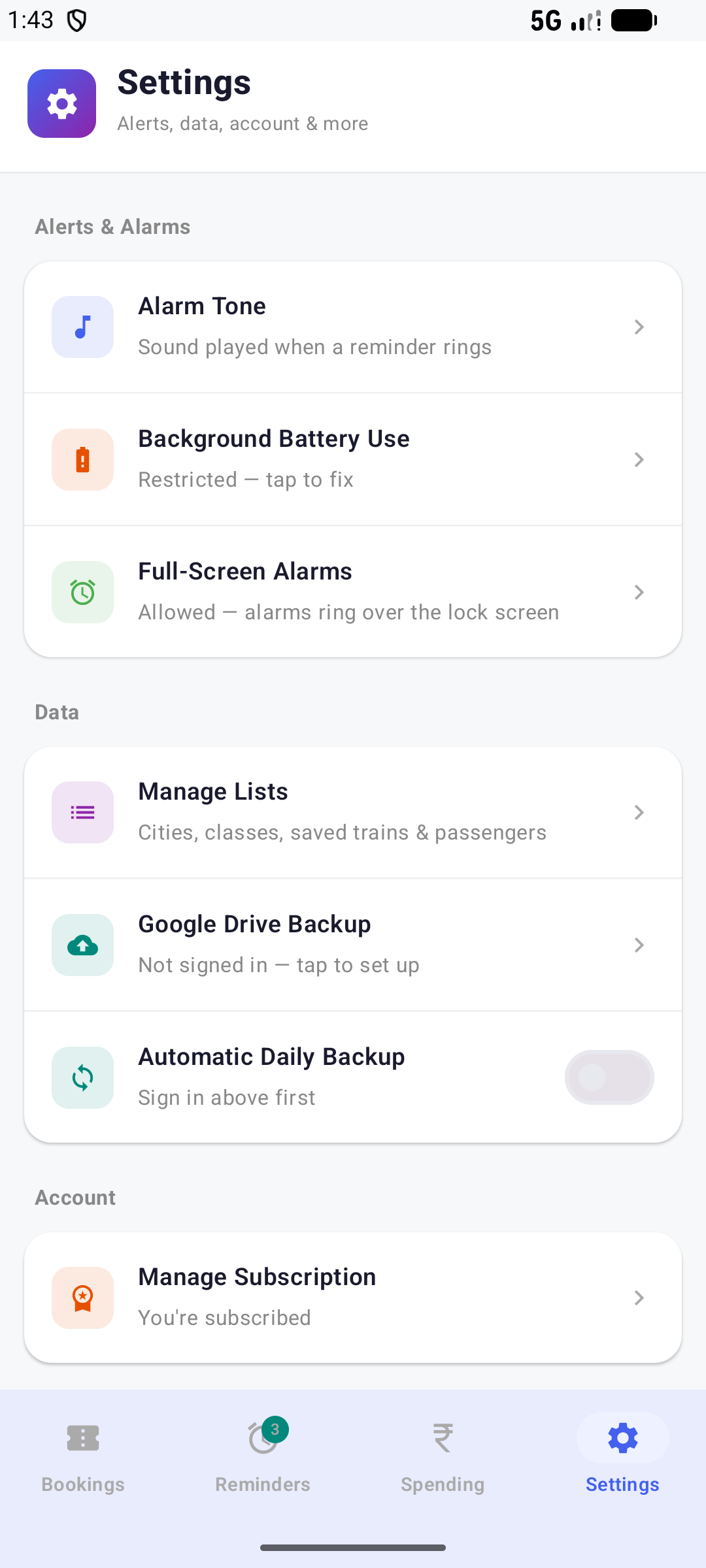 Settings screen with alerts, Drive backup, and subscription grouped together